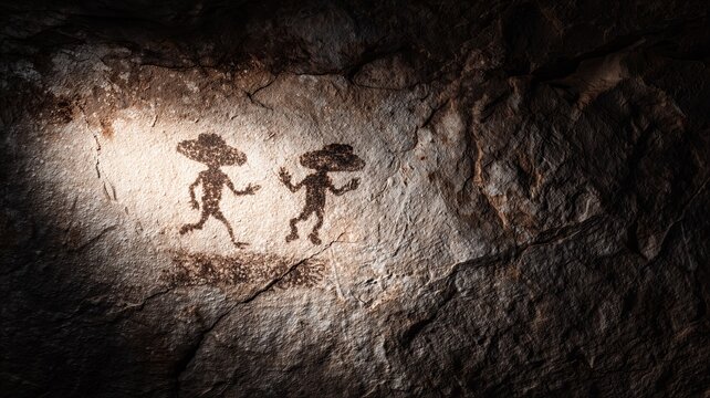 Ancient rock painting of alien figures on cave wall. Primitive art depicting extraterrestrial life and ufo contact. Archaeological discovery and evidence of historical space visitor.