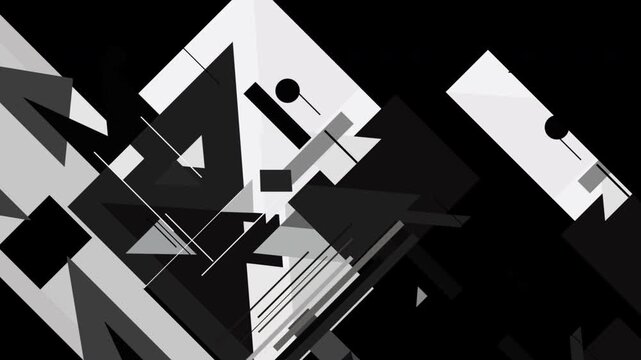黒背景に映える白とグレーの幾何学的な抽象パターン。バウハウスやミニマリズム建築からインスパイアされた、モダンなモノトーンのグラフィック背景。