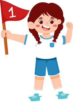 Happy Cartoon Girl Holding Red Flag Number 1, Cheering Victory and Success