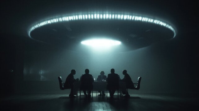 Group of government officials in silhouette sitting at conference table under mysterious glowing saucer light. Secret meeting regarding UFO disclosure and alien life research projects.