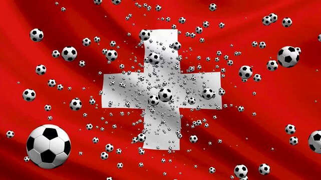 Switzerland Flag Waving Background with Spinning Soccer Balls