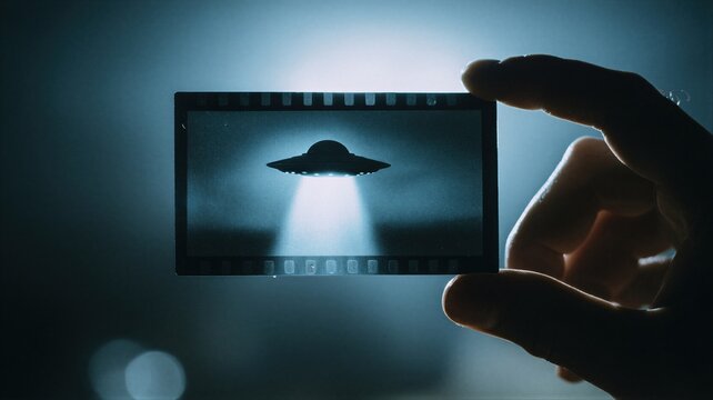 Hand holding a film strip with a photo of a UFO flying saucer. Government declassification of secret alien files and evidence. Space exploration discovery and extraterrestrial mystery concept.