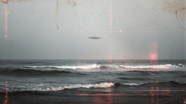 UFO flying over the ocean surface. Vintage document style image showing unidentified aerial phenomena. Government report on extraterrestrial visit and mystery space technology concept.