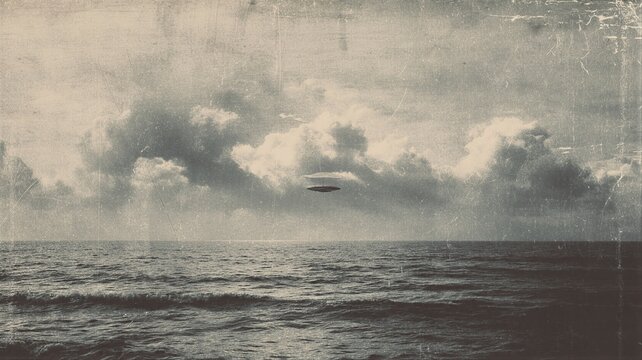 UFO flying over ocean in vintage photograph. Declassified government file document showing alien spaceship in sky. Mystery, conspiracy and extraterrestrial activity investigation concept.