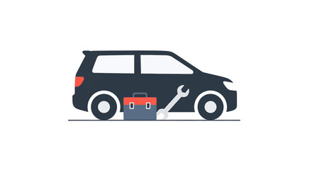 Fototapeta premium Illustration of a dark car with a red and blue toolbox and a large wrench next to its front wheel, symbolizing car repair and maintenance.
