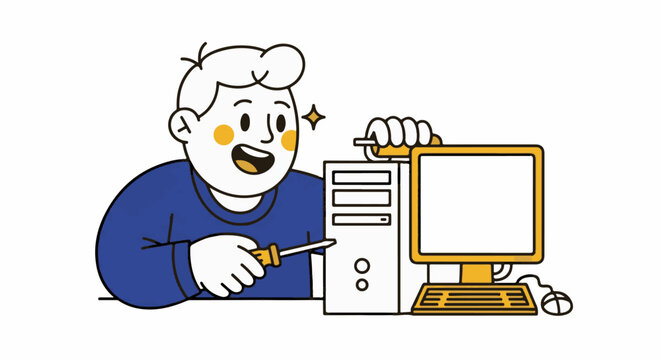 Joyful cartoon character repairing a desktop computer tower.