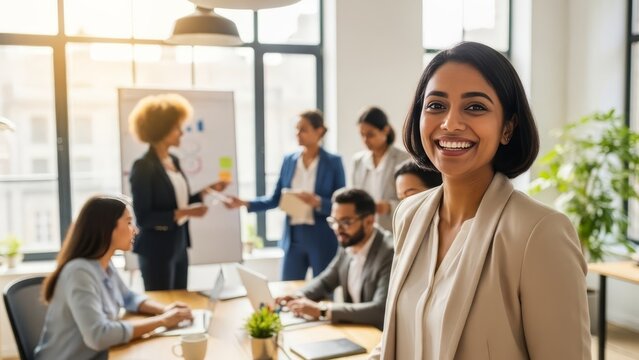 Confident professional woman smiling with diverse team in modern office meeting