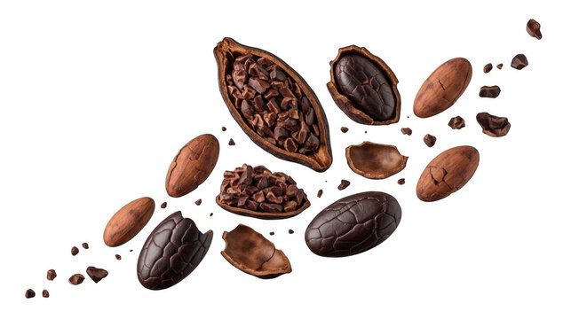 Whole and broken cocoa beans with cacao nibs floating against a solid black background, contrast food