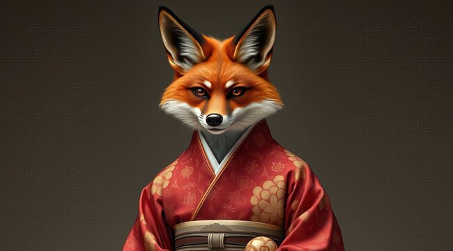 A fox man in a traditional bright kimono is standing in front of a Japanese temple. In front of an old building in the style of traditional Japan.