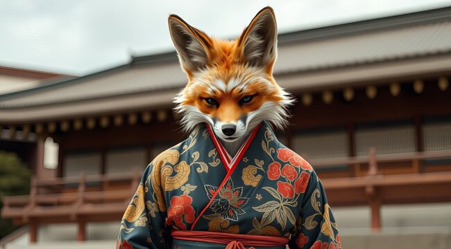 A fox man in a traditional bright kimono is standing in front of a Japanese temple. In front of an old building in the style of traditional Japan.
