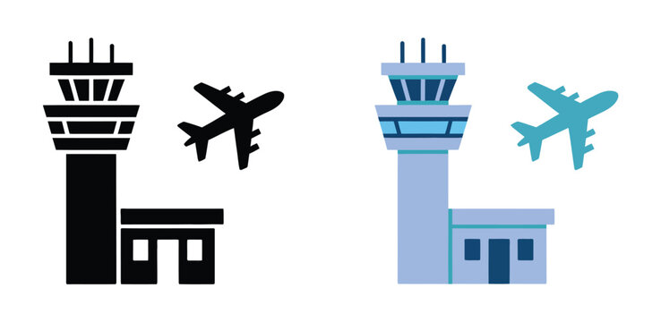 Airport control tower and airplane icon set featuring aviation symbols, air traffic control, and airport infrastructure concepts.