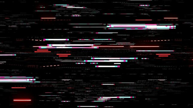 Glitch digital data stream error abstract technology background. Dynamic tech animation of distorted horizontal lines and blocks on black screen.