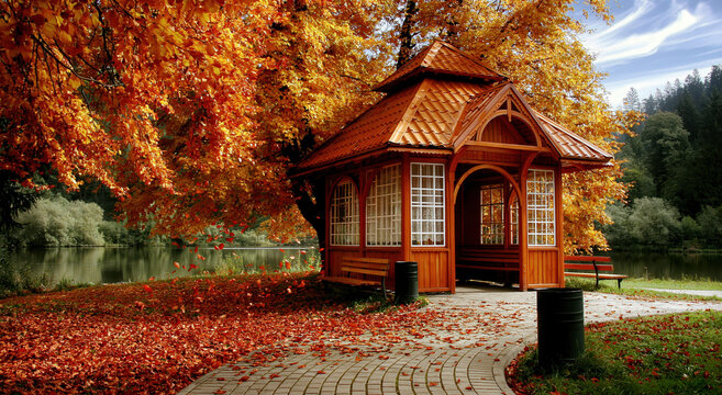 Autumn gazebo in a park surrounded by colorful trees and fallen leaves