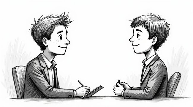 Two young men in business suits are sitting at a table facing each other. Black and white illustration of an interview or business meeting.