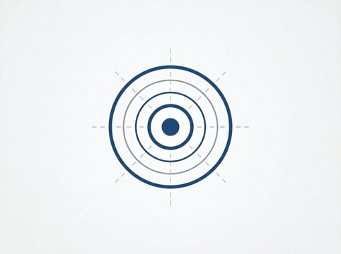 A minimalist blue and grey target symbol with concentric circles and dashed crosshairs on a clean white background, representing focus and precision.