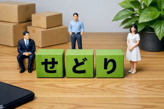 せどりの文字が書かれたブロックと段ボールの横に立つビジネスマンとビジネスウーマン