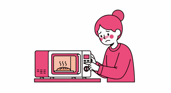 Frustrated woman checking overheating microwave oven inside.