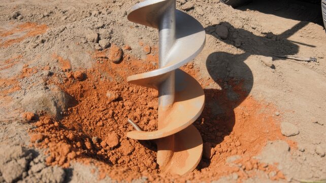Large metal auger drill boring a hole into dry reddish soil at a construction site