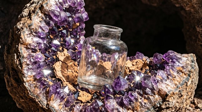 Stunning Amethyst Geode with Sparkling Purple Crystals and Empty Clear Glass Bottle