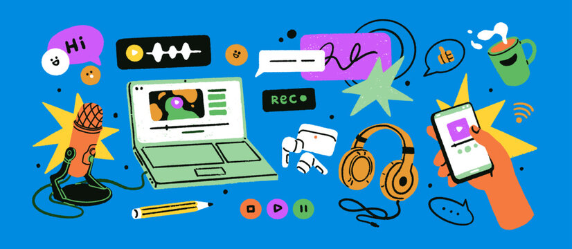 Podcast and music recording elements set. Microphone, mic, laptop, headphones, earphones and phone. Sound equipment, audio media stuff and broadcast items. Isolated flat graphic vector illustrations