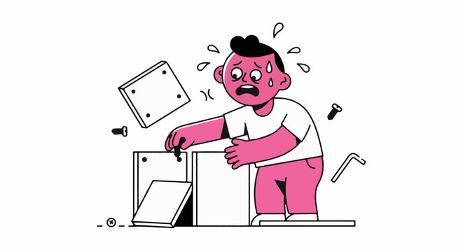 Frustrated cartoon man with broken laptop distressed expression.