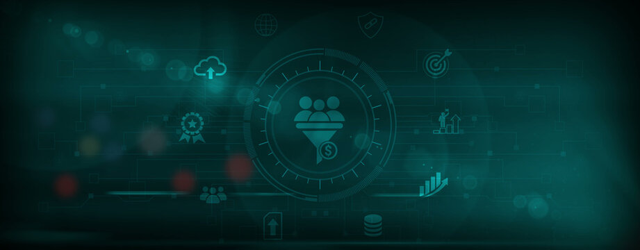 Lead Generation: Digital business virtual interface panel of digital device on global networking, automation, prospecting, analytics, conversion, and Motion graphics of global networking concept