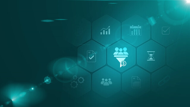 Lead Generation: Digital business virtual interface panel of digital device on global networking, automation, prospecting, analytics, conversion, and Motion graphics of global networking concept