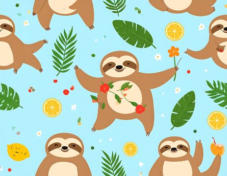 A colorful pattern of cartoon sloths and tropical leaves on blue