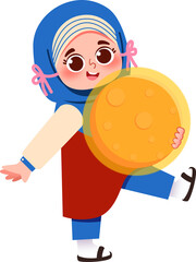 Happy Muslim Girl with Moon Illustration for Islamic Education © Furqonionii