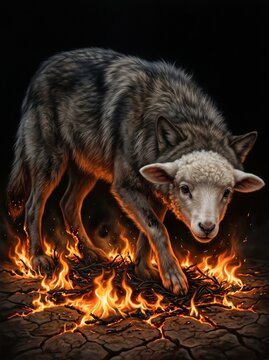 A powerful digital illustration depicting the literal concept of a "wolf in sheep's clothing." The artwork features a large, menacing gray wolf stealthily pacing forward while wearing the head and woo