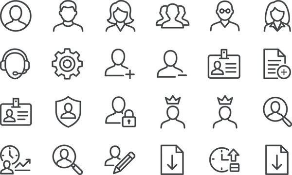 Set of icons representing various user roles and actions in a system in progress with settings