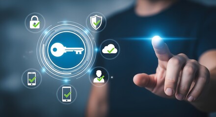 Fototapeta premium Cybersecurity concept with key icon and digital interface elements data protection and access control
