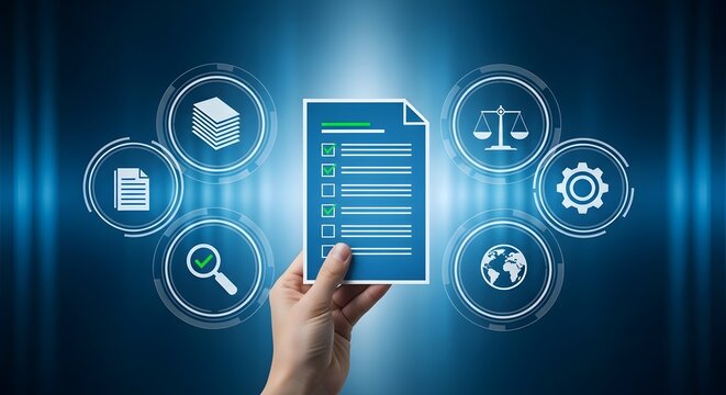 Compliance checklist with icons representing legal research and data management held by a hand