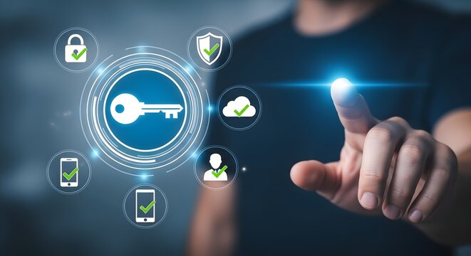 Cybersecurity concept with key icon and digital interface elements data protection and access control