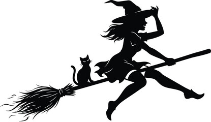 Silhouette of a beautiful young witch flying on a magic broom stick with a black cat on a white background © Rina