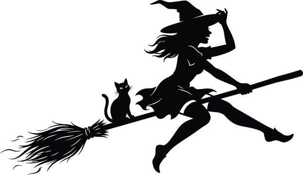 Silhouette of a beautiful young witch flying on a magic broom stick with a black cat on a white background
