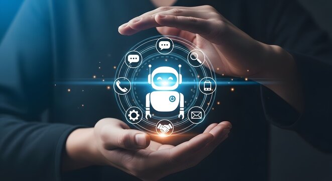 Hands protecting a glowing robotic interface with communication icons representing ai and technological advancement