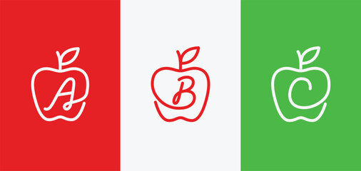 Set of letter ABC with apple simple line logo design. A,B, and C monogram fresh apple fruit symbol logo icons collections © Royan