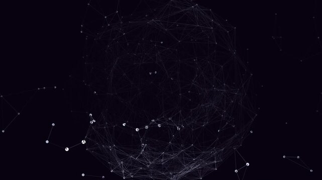 Seamless looping background featuring dual-shell crystalline nodes in Arctic Glass tones. Inner and outer shells rotate in reverse, showing glowing nodes and lines. Deep violet and silver-white colors