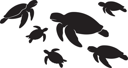 Black Sea Turtle Silhouette Set Isolated Ocean Wildlife Marine Animal Collection © Tahmid