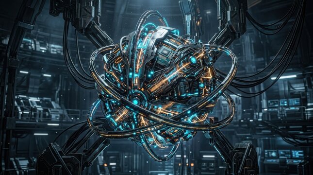 Futuristic cybernetic core with glowing energy rings