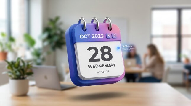 3d calendar showing october 28th in an office setting