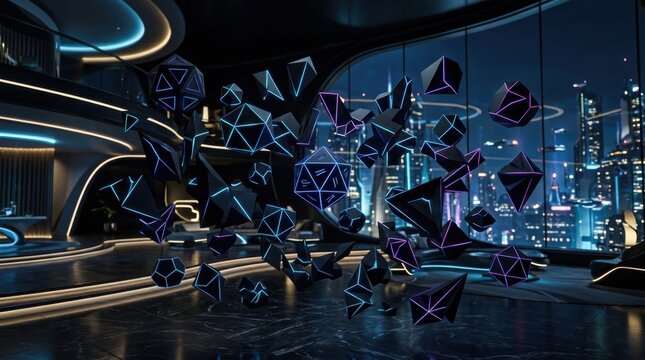 Floating geometric polyhedrons in a futuristic room