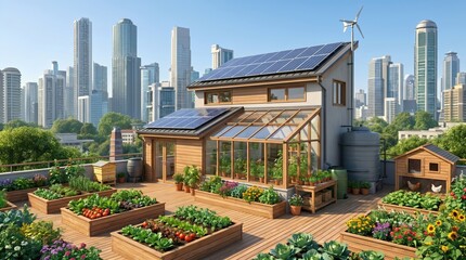 Fototapeta premium Urban rooftop garden with raised beds, solar panels, wind turbine, greenhouse, and a city skyline in the background promoting sustainable living and green technology.
