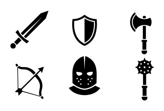 Medieval Weapon and Armor Icon Set with Sword, Shield, Axe, Bow, Helmet and Mace Fantasy Vector Collection