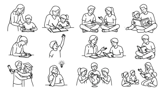 Minimalist line art education icons, set of 12 student and teacher vector illustrations, school learning and classroom activities collection