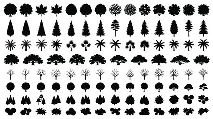 Black tree silhouettes collection, set of 112 nature icons and forest plant symbols, flat vector botanical elements for landscape design and mapping © Shahzad