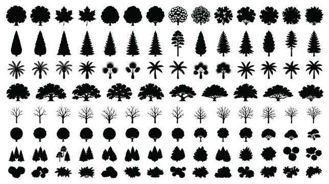 Black tree silhouettes collection, set of 112 nature icons and forest plant symbols, flat vector botanical elements for landscape design and mapping