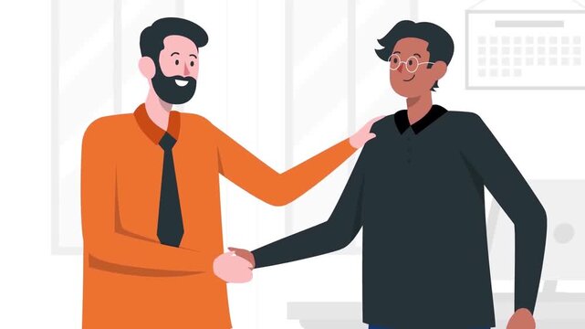 Two Diverse Businessmen Shaking Hands in Office Close Up Partnership and Deal Concept 2D Animation