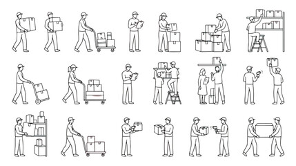 Warehouse workers line art icons, delivery personnel carrying cardboard boxes vector set, logistics staff and courier service characters collection © Shahzad